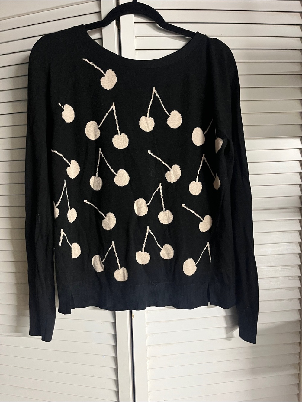 LOFT Black Crewneck Sweater with Cream Cherry Motif